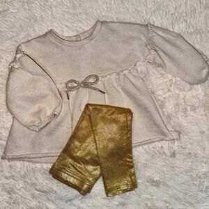 First Impressions Baby Girl Outfit 12M Cream Top Gold Metallic Leggings Set